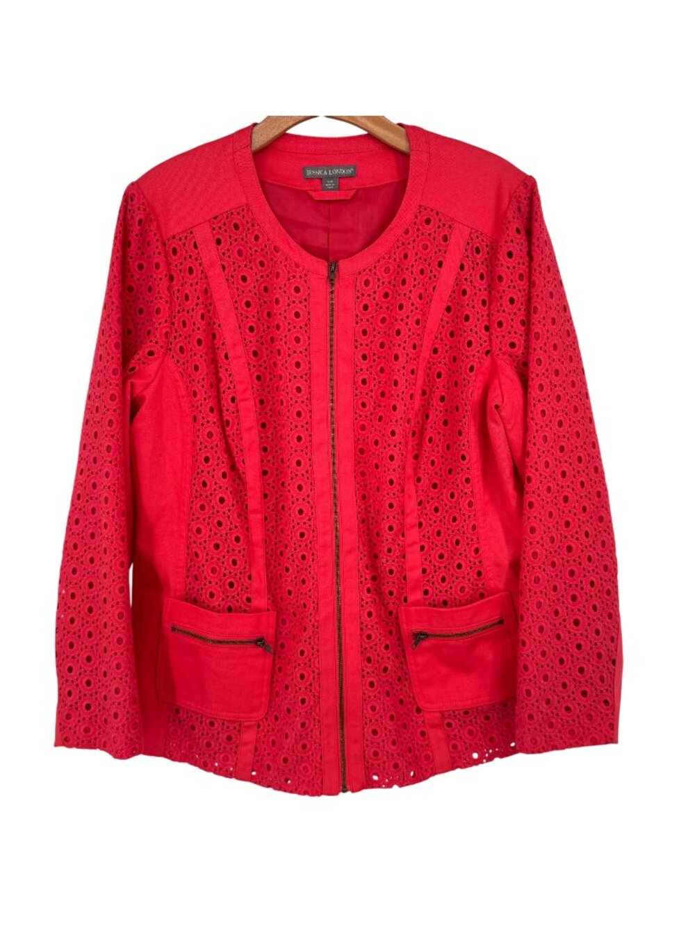 Jessica London watermelon Eyelet Jacket Pockets Cotton Spandex Womens size 16W p